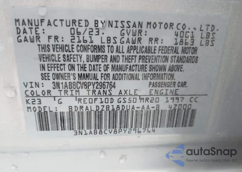 2023 Nissan Sentra Sv Xtronic Cvt from USA, damaged, VIN 3N1AB8CV8PY296764